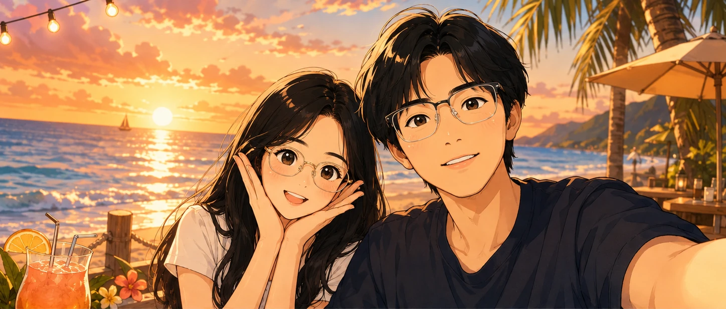 海边晚霞下的情侣合照