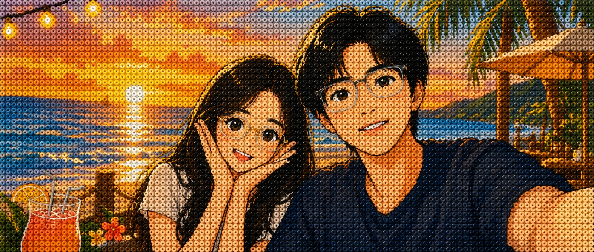 海边晚霞情侣合照的拼豆作品