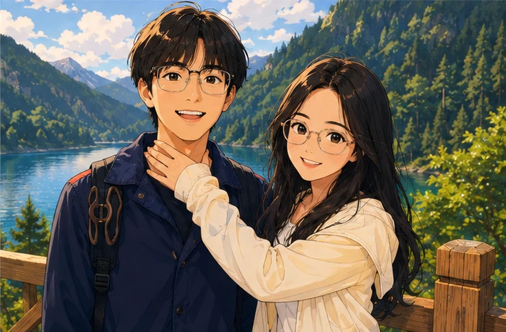 山间湖畔的情侣合照